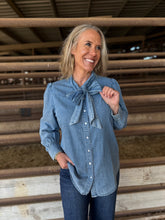 Load image into Gallery viewer, Highway Blues Bow Denim Long Sleeve Top
