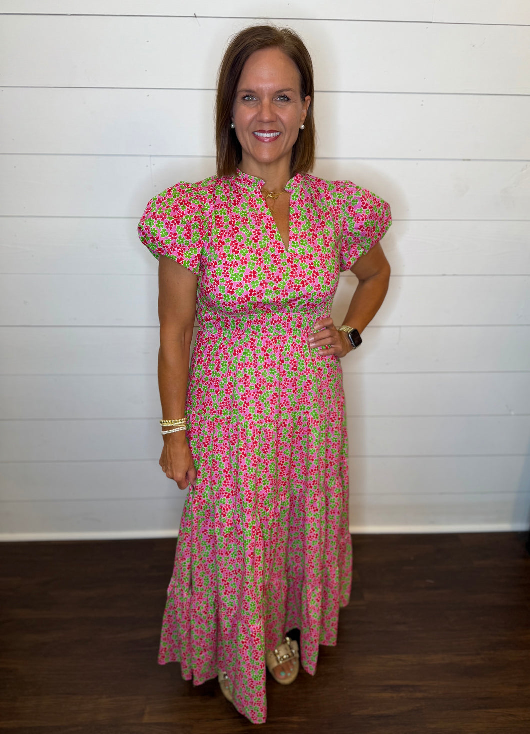Pink & Green Floral Pattern Long Dress