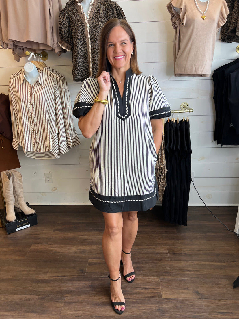 Black Striped V Collared Dress