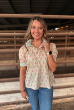 Load image into Gallery viewer, Tan &amp; Pink Flower Collared Top
