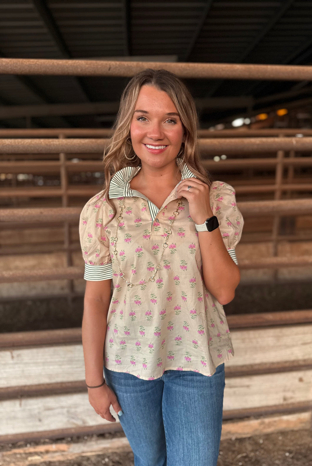 Tan & Pink Flower Collared Top